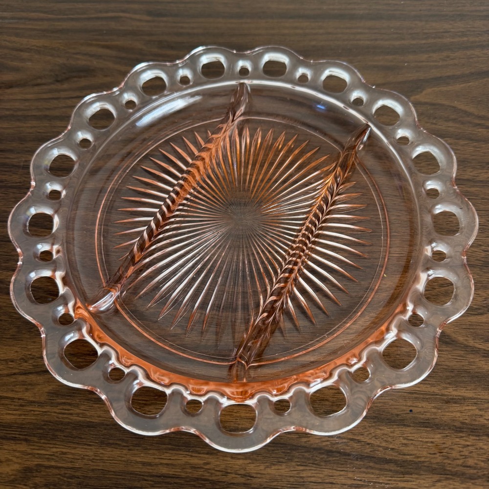 Vintage Pink Indiana Glass Divided Relish Dish Platter Sunburst Lace Edge 10.5"